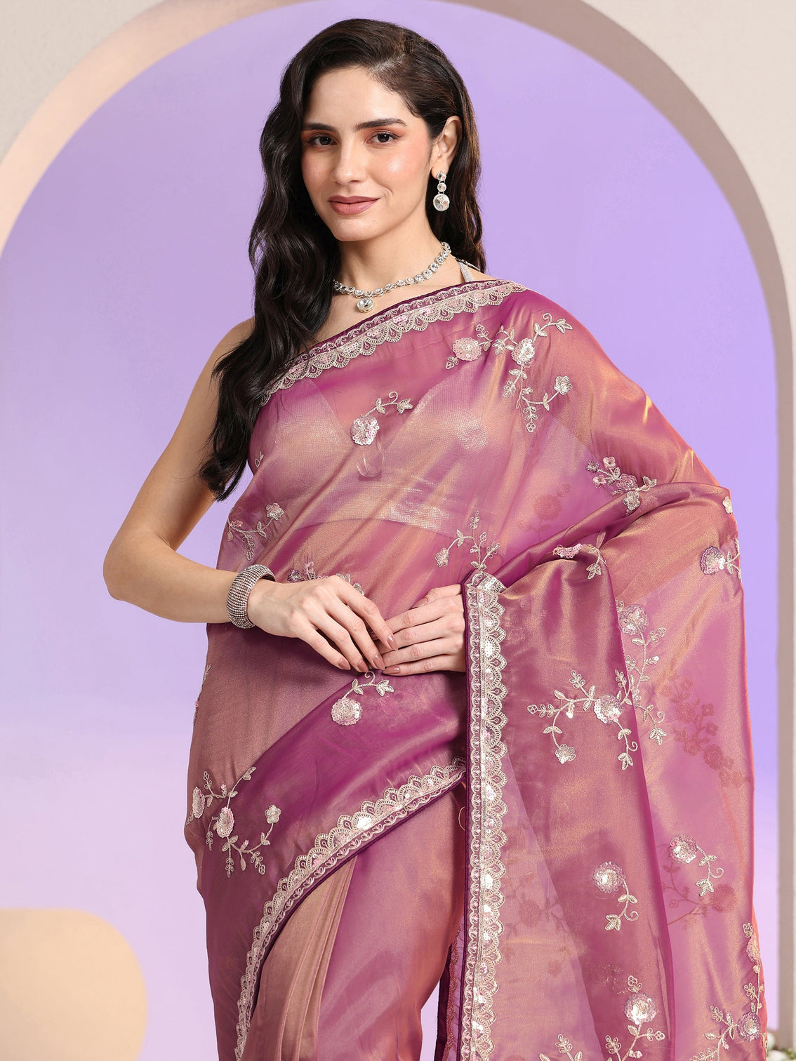 Mameraa Mauve Floral Embellished Tissue Saree