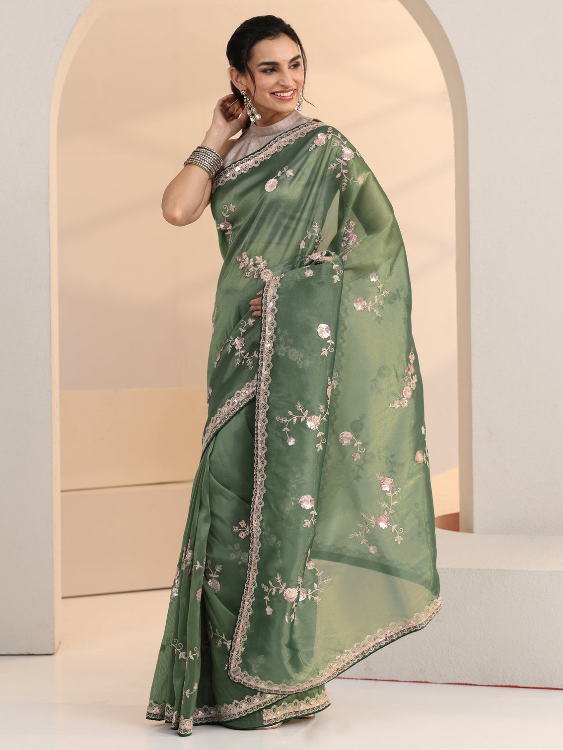 Mameraa Sage Green Floral Embellished Tissue Saree