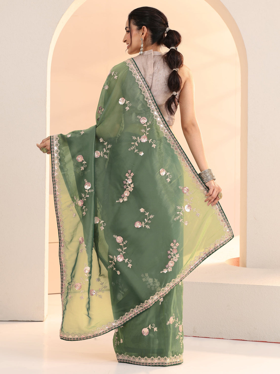 Mameraa Sage Green Floral Embellished Tissue Saree