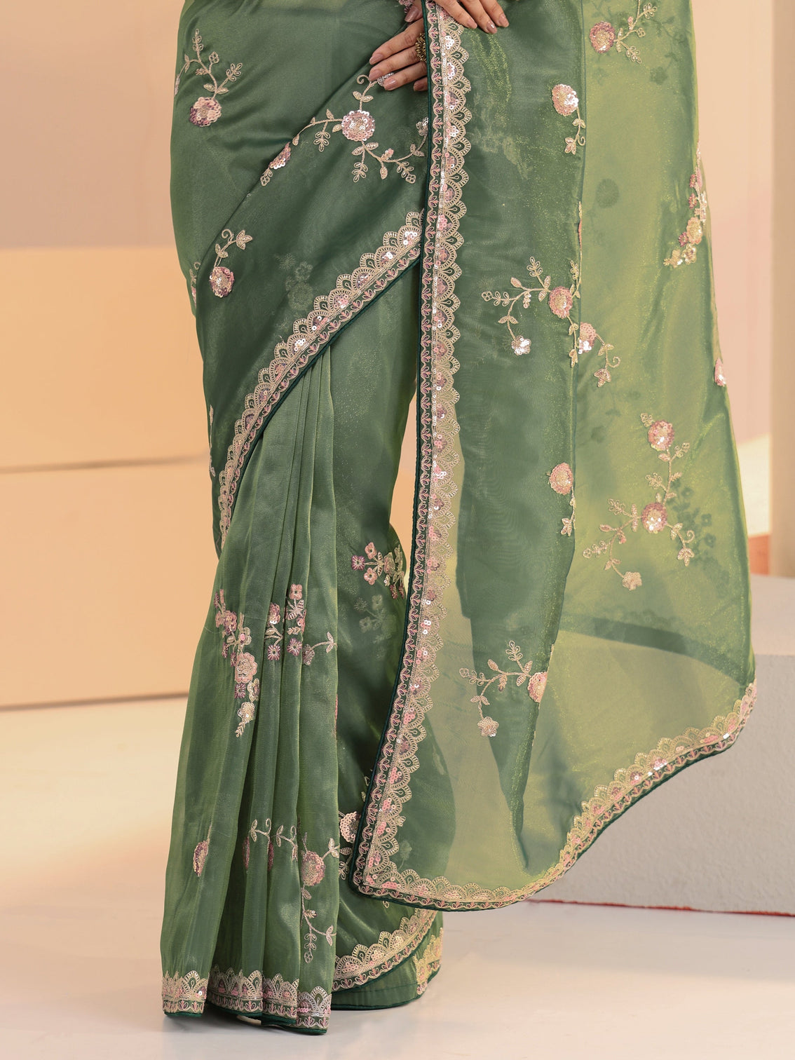 Mameraa Sage Green Floral Embellished Tissue Saree
