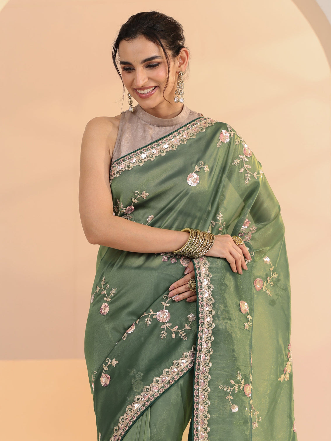 Mameraa Sage Green Floral Embellished Tissue Saree