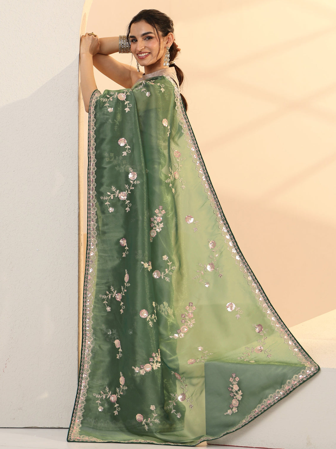 Mameraa Sage Green Floral Embellished Tissue Saree