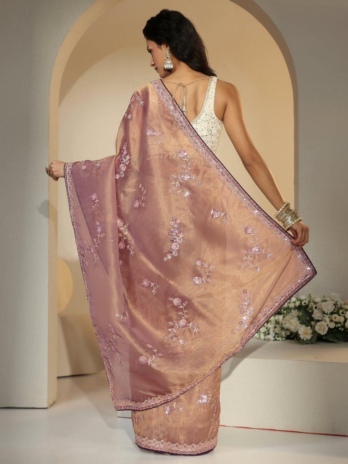 Mameraa Taupe Floral Embellished Tissue Saree