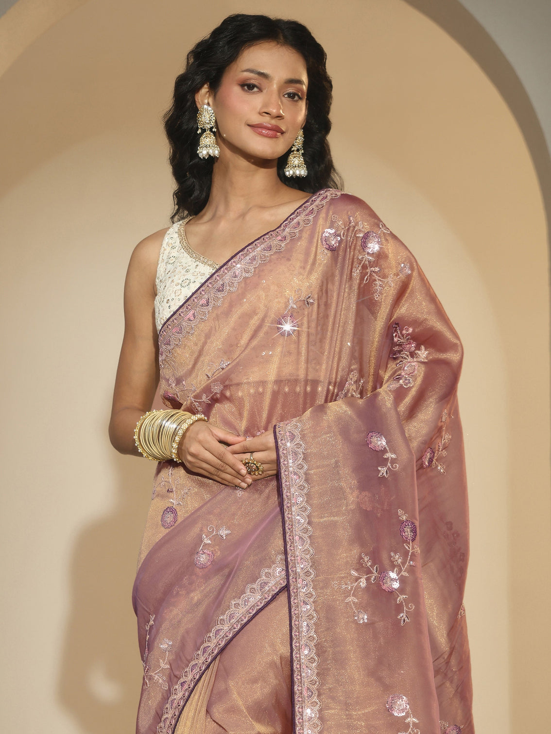 Mameraa Taupe Floral Embellished Tissue Saree
