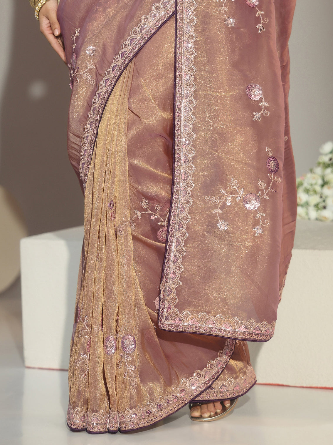 Mameraa Taupe Floral Embellished Tissue Saree