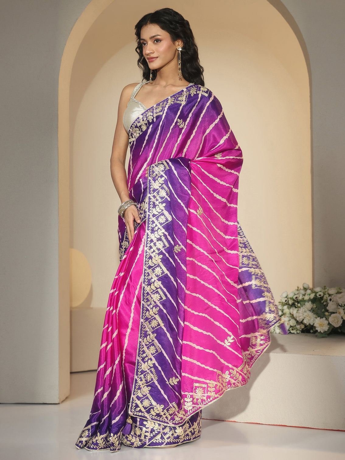 Mameraa Magenta Pink Leheriya Printed Ombre Silk Blend Saree
