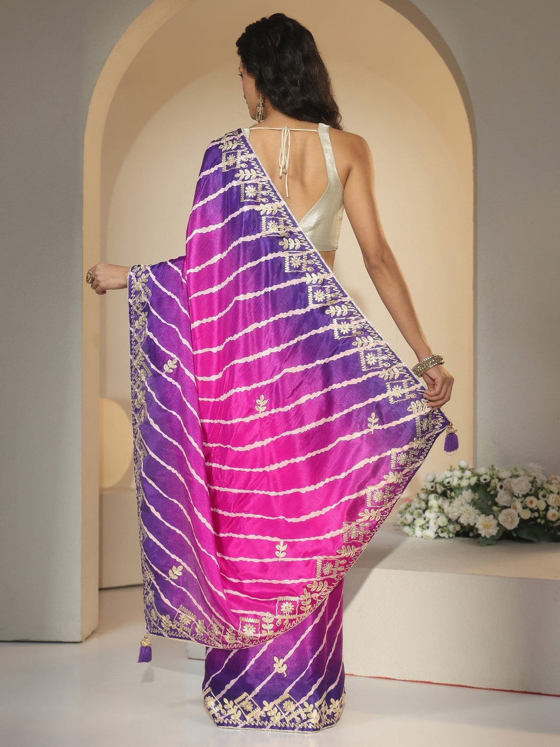 Mameraa Magenta Pink Leheriya Printed Ombre Silk Blend Saree