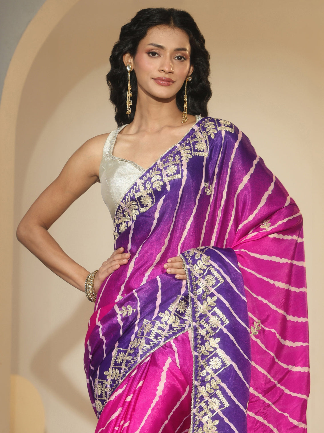 Mameraa Magenta Pink Leheriya Printed Ombre Silk Blend Saree
