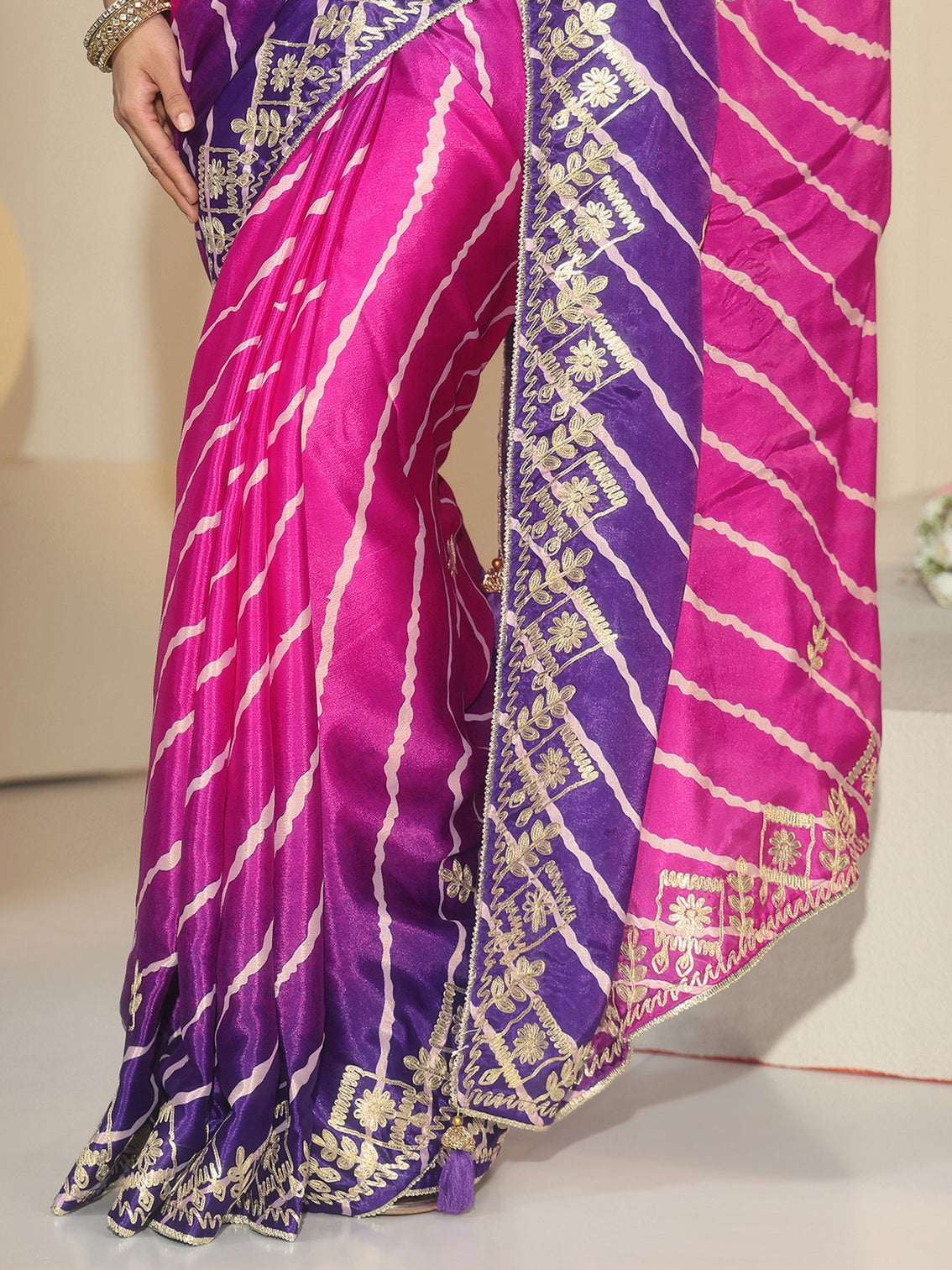 Mameraa Magenta Pink Leheriya Printed Ombre Silk Blend Saree