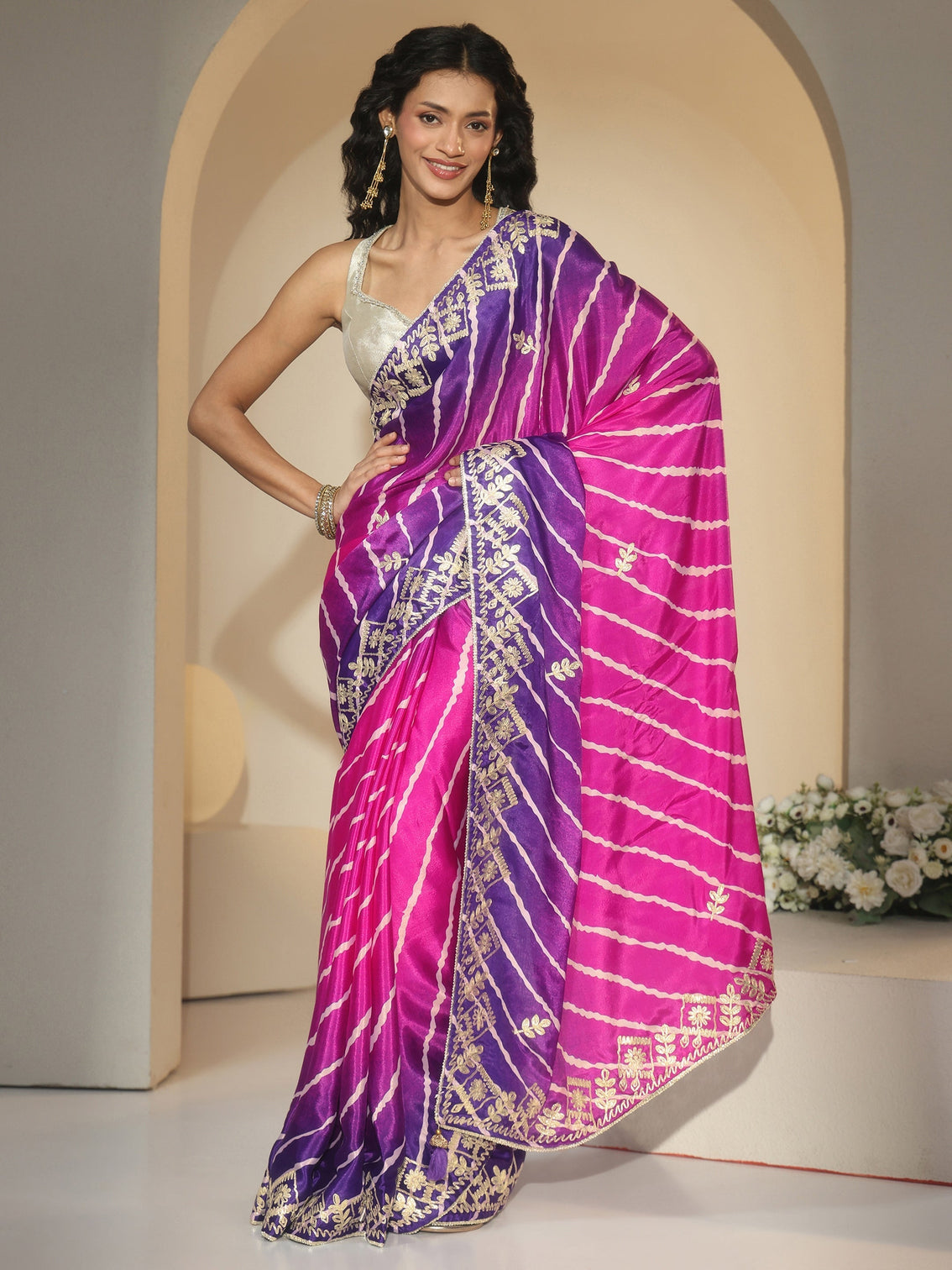 Mameraa Magenta Pink Leheriya Printed Ombre Silk Blend Saree