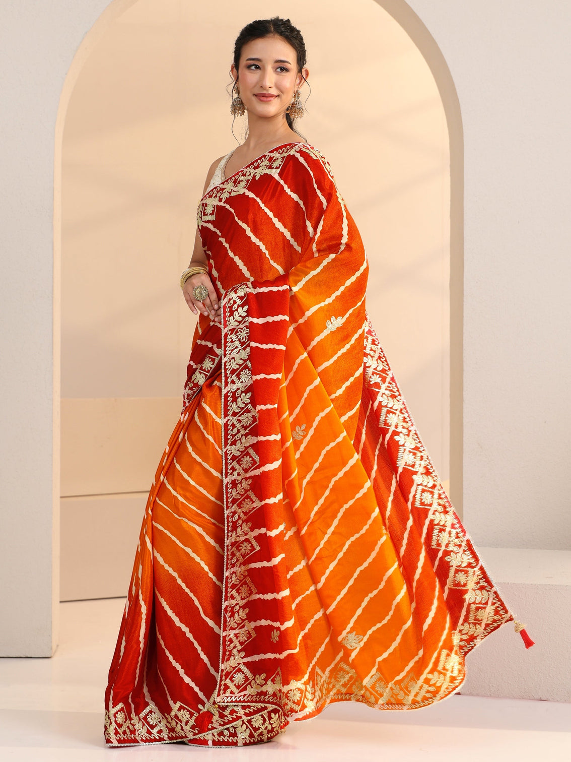 Mameraa Orange Leheriya Printed Ombre Silk Blend Saree