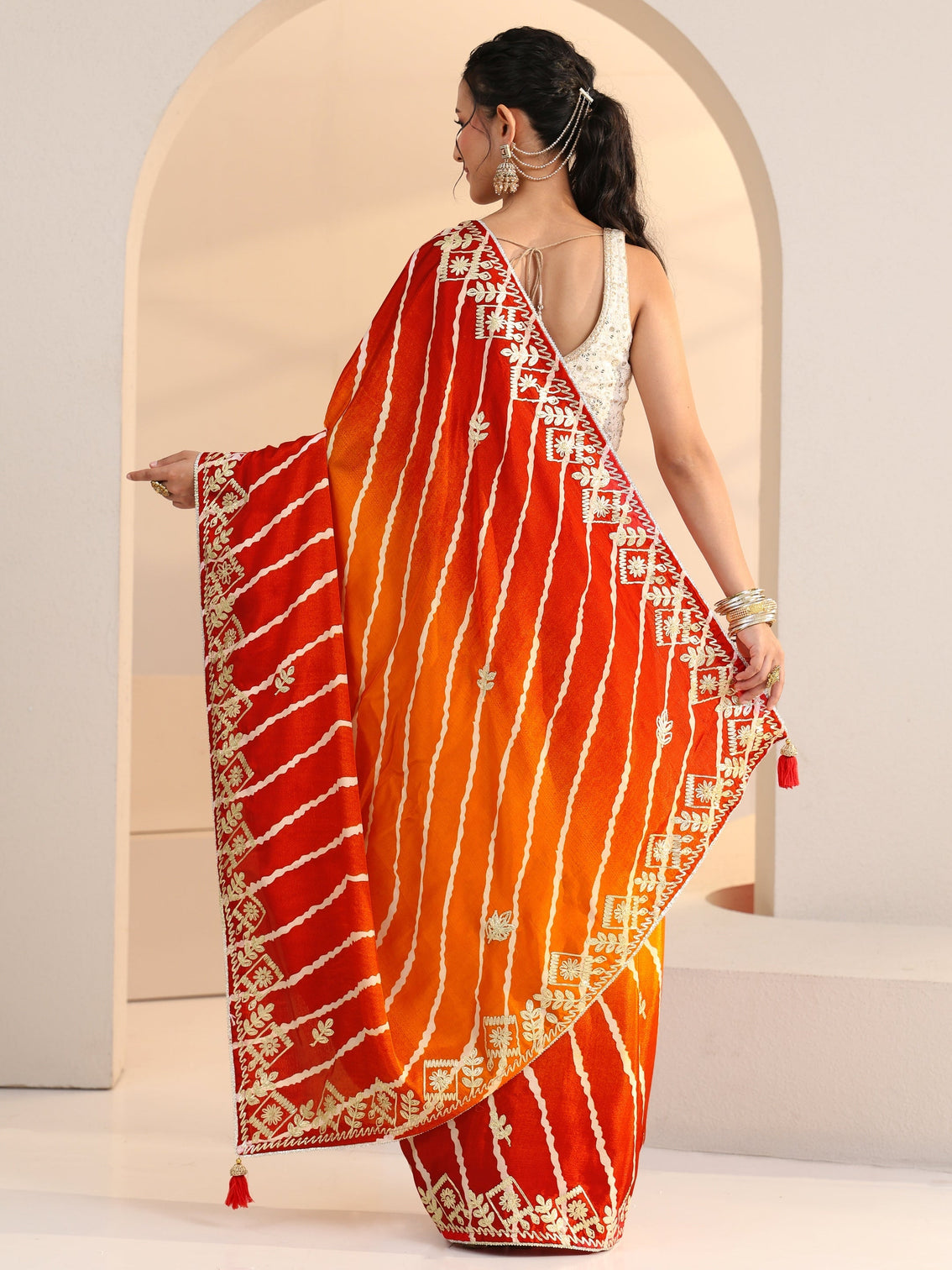 Mameraa Orange Leheriya Printed Ombre Silk Blend Saree