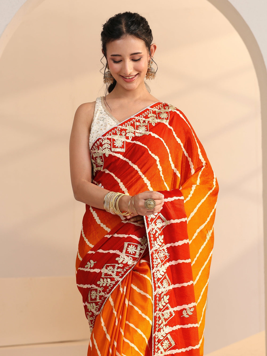 Mameraa Orange Leheriya Printed Ombre Silk Blend Saree