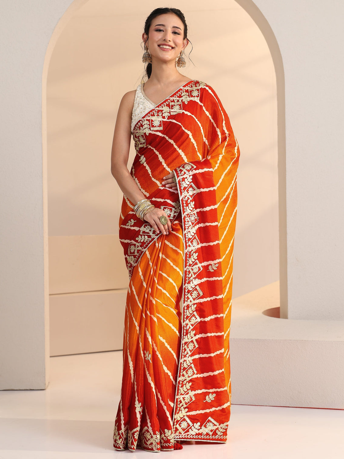 Mameraa Orange Leheriya Printed Ombre Silk Blend Saree