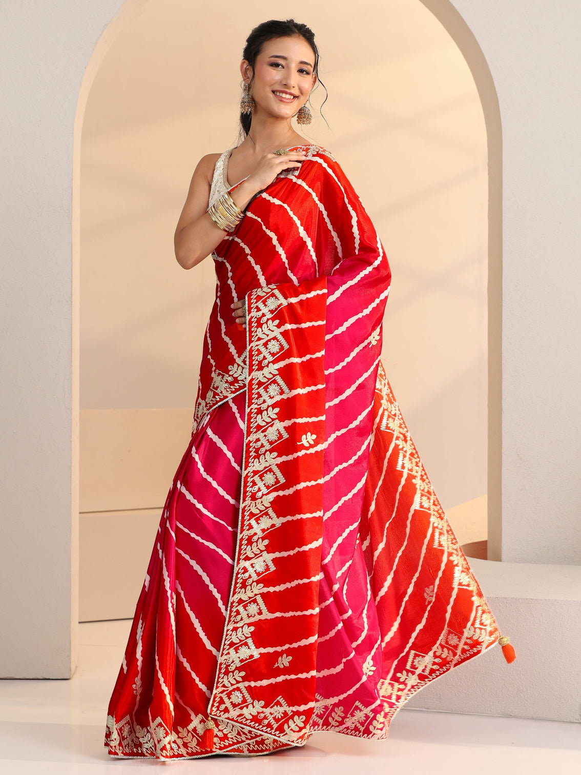 Mameraa Hot Pink Leheriya Printed Ombre Silk Blend Saree