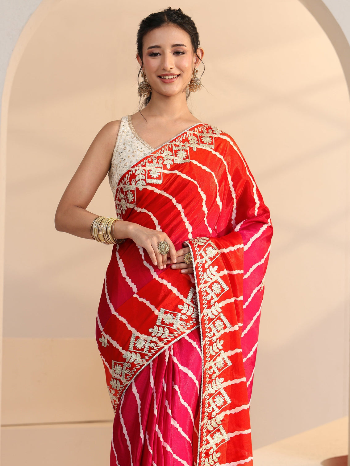 Mameraa Hot Pink Leheriya Printed Ombre Silk Blend Saree