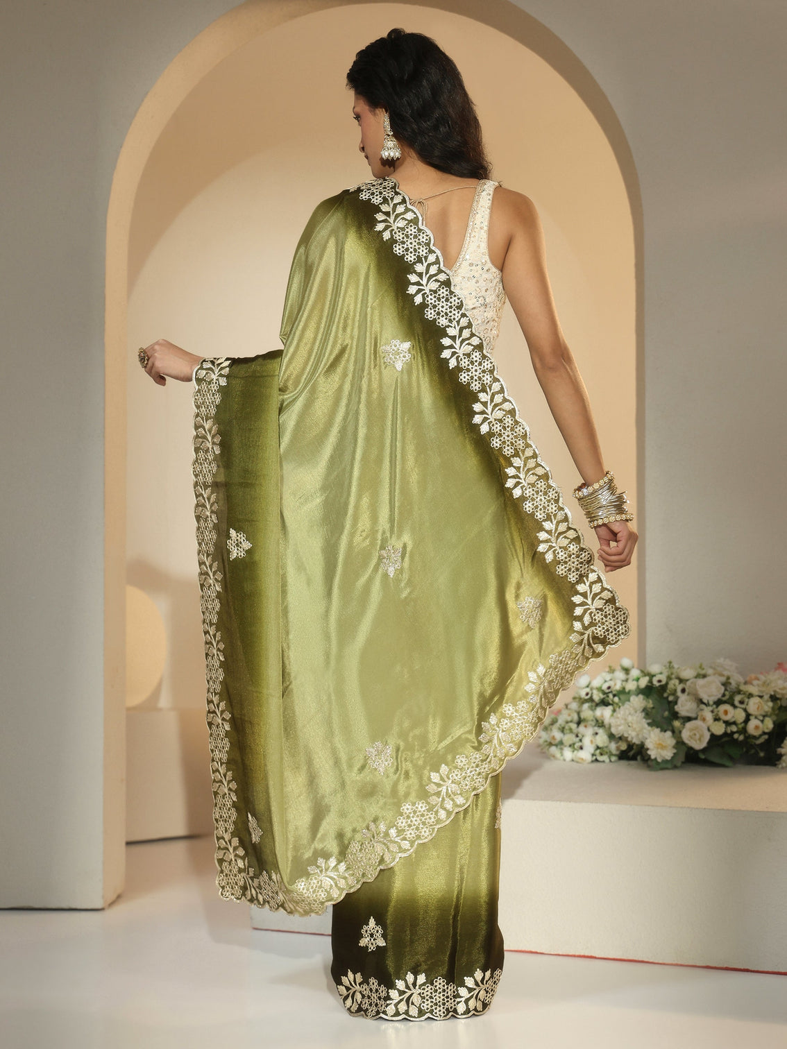Mameraa Forest Green Floral Embroidered Ombre Silk Blend Saree