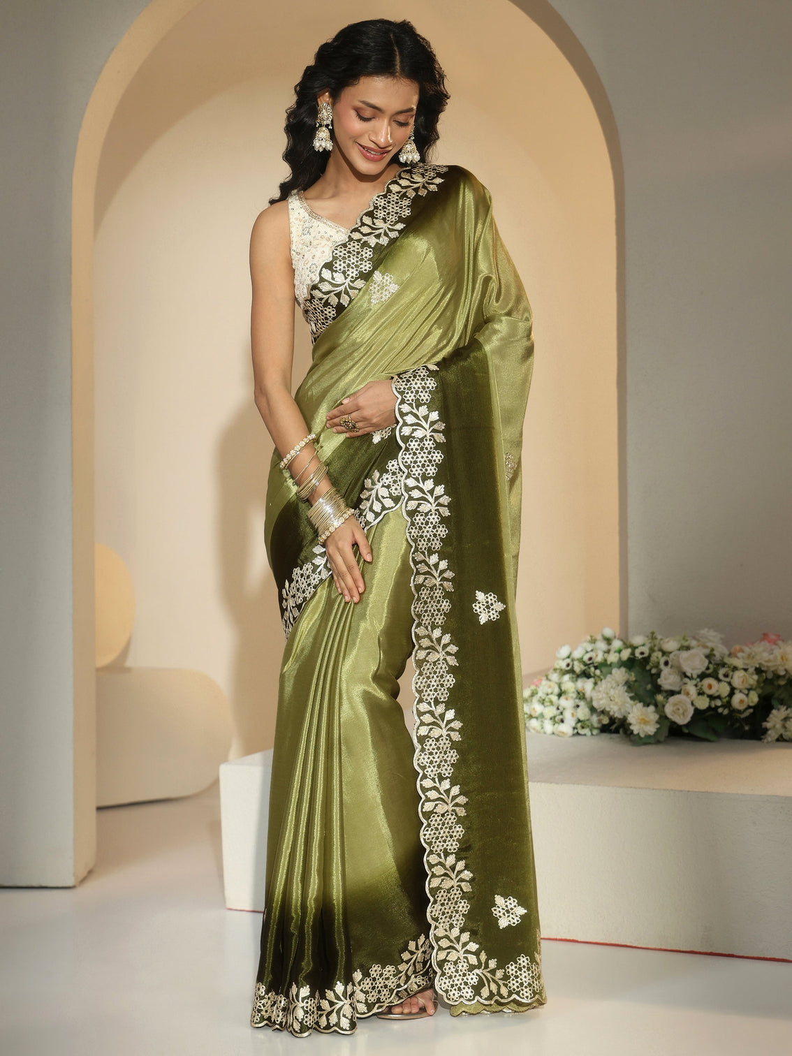 Mameraa Forest Green Floral Embroidered Ombre Silk Blend Saree