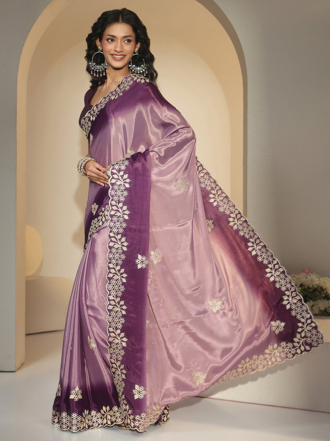 Mameraa Lavender Floral Embroidered Ombre Silk Blend Saree