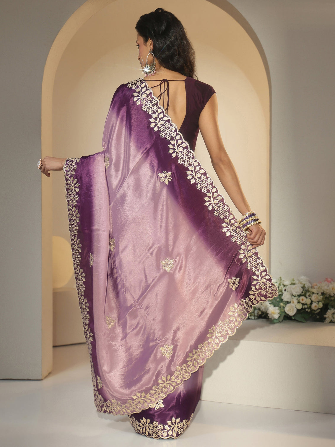 Mameraa Lavender Floral Embroidered Ombre Silk Blend Saree