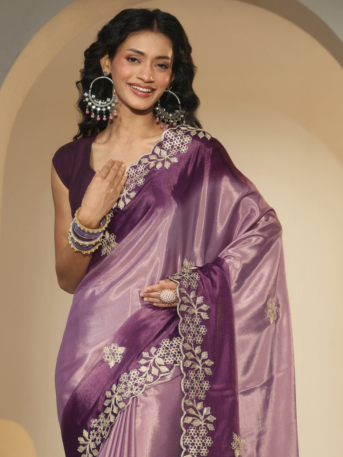 Mameraa Lavender Floral Embroidered Ombre Silk Blend Saree
