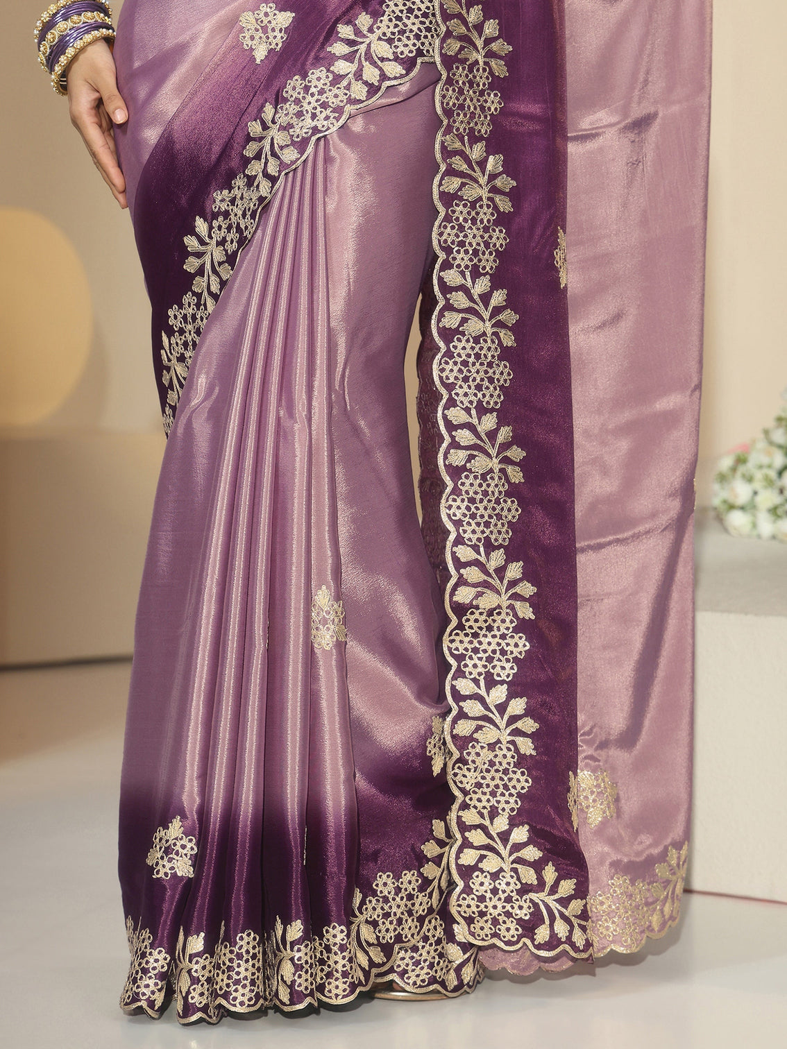 Mameraa Lavender Floral Embroidered Ombre Silk Blend Saree
