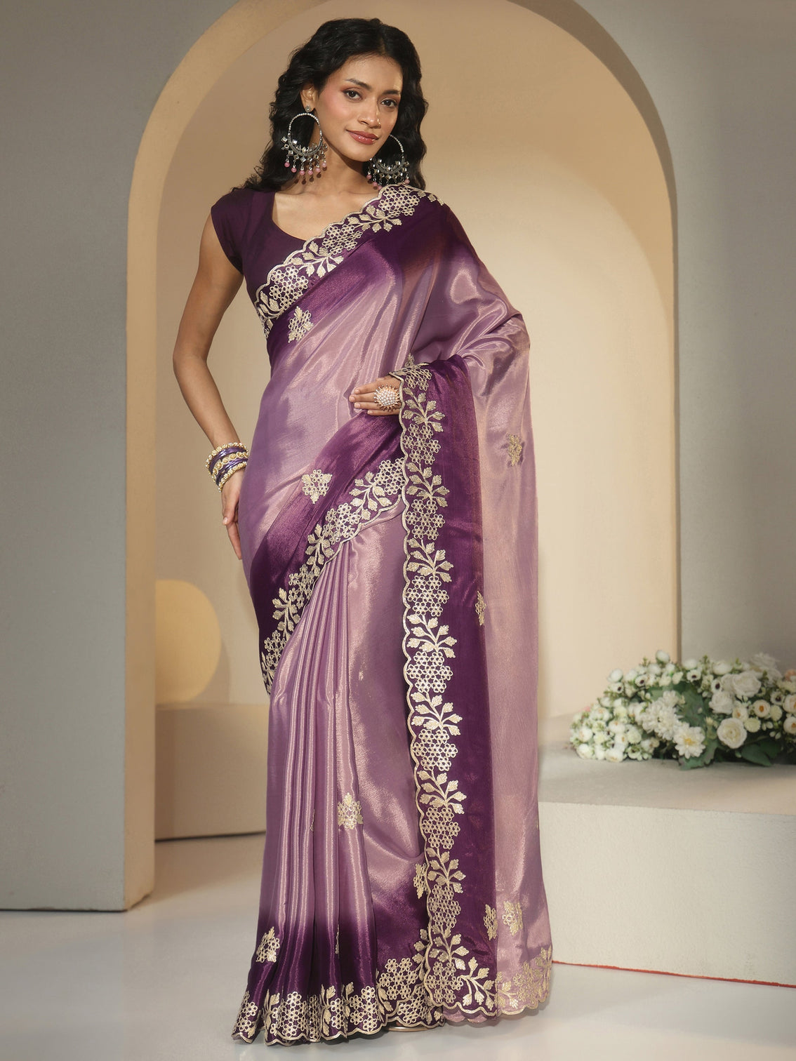 Mameraa Lavender Floral Embroidered Ombre Silk Blend Saree