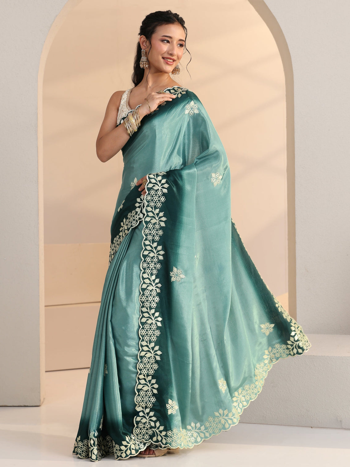 Mameraa Aqua Blue Floral Embroidered Ombre Silk Blend Saree
