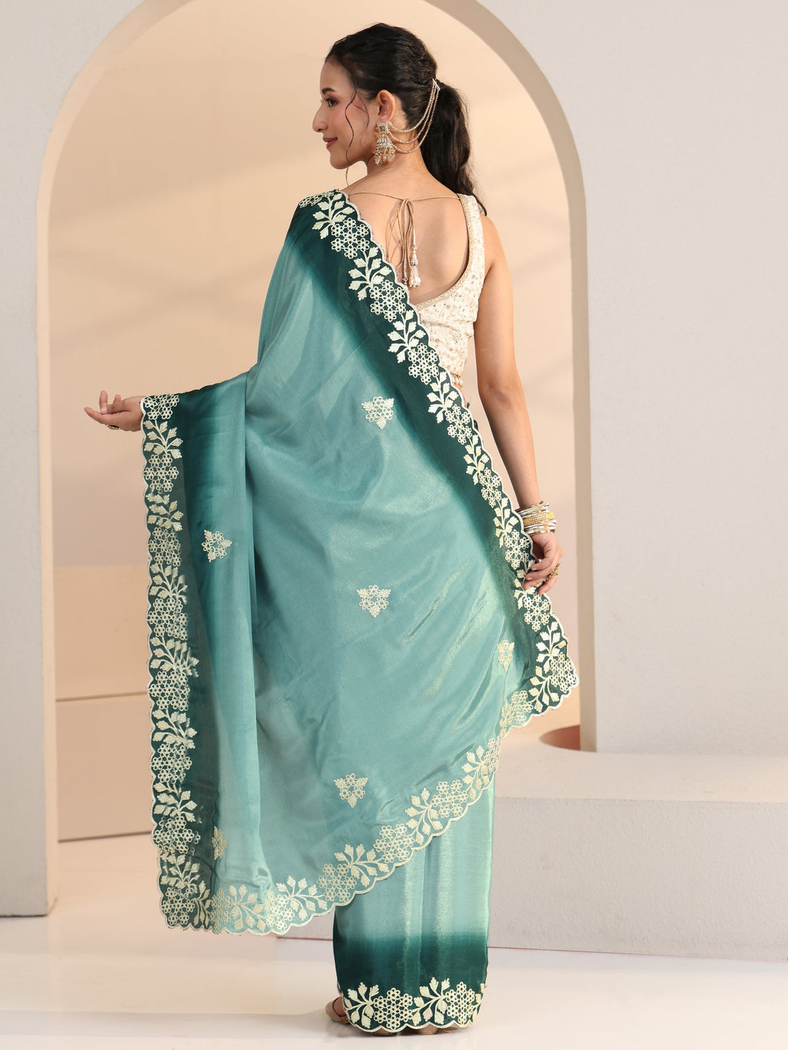 Mameraa Aqua Blue Floral Embroidered Ombre Silk Blend Saree