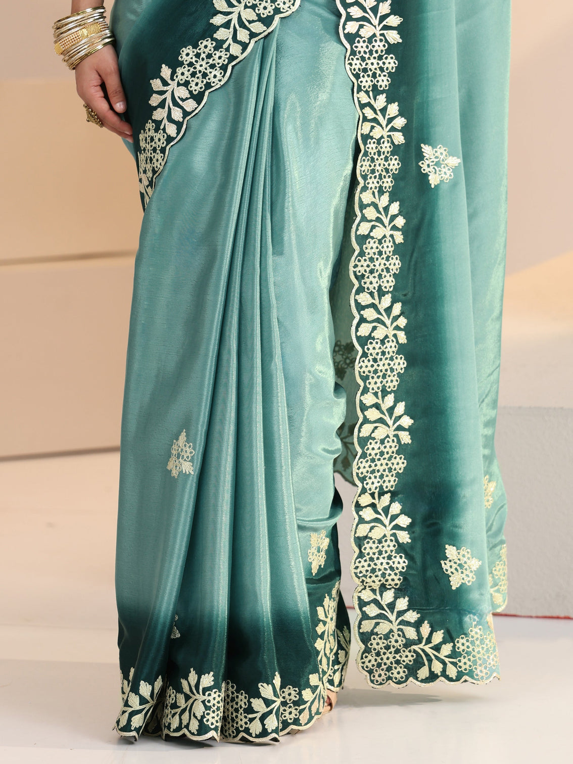 Mameraa Aqua Blue Floral Embroidered Ombre Silk Blend Saree