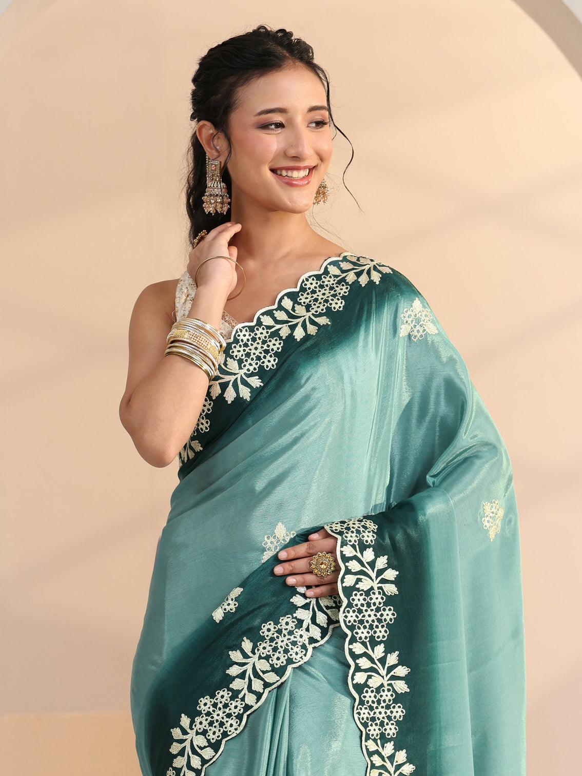 Mameraa Aqua Blue Floral Embroidered Ombre Silk Blend Saree