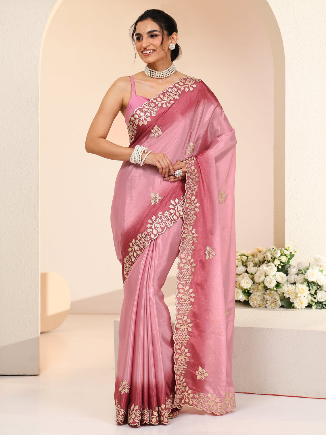 Mameraa Rose Pink Floral Embroidered Ombre Silk Blend Saree