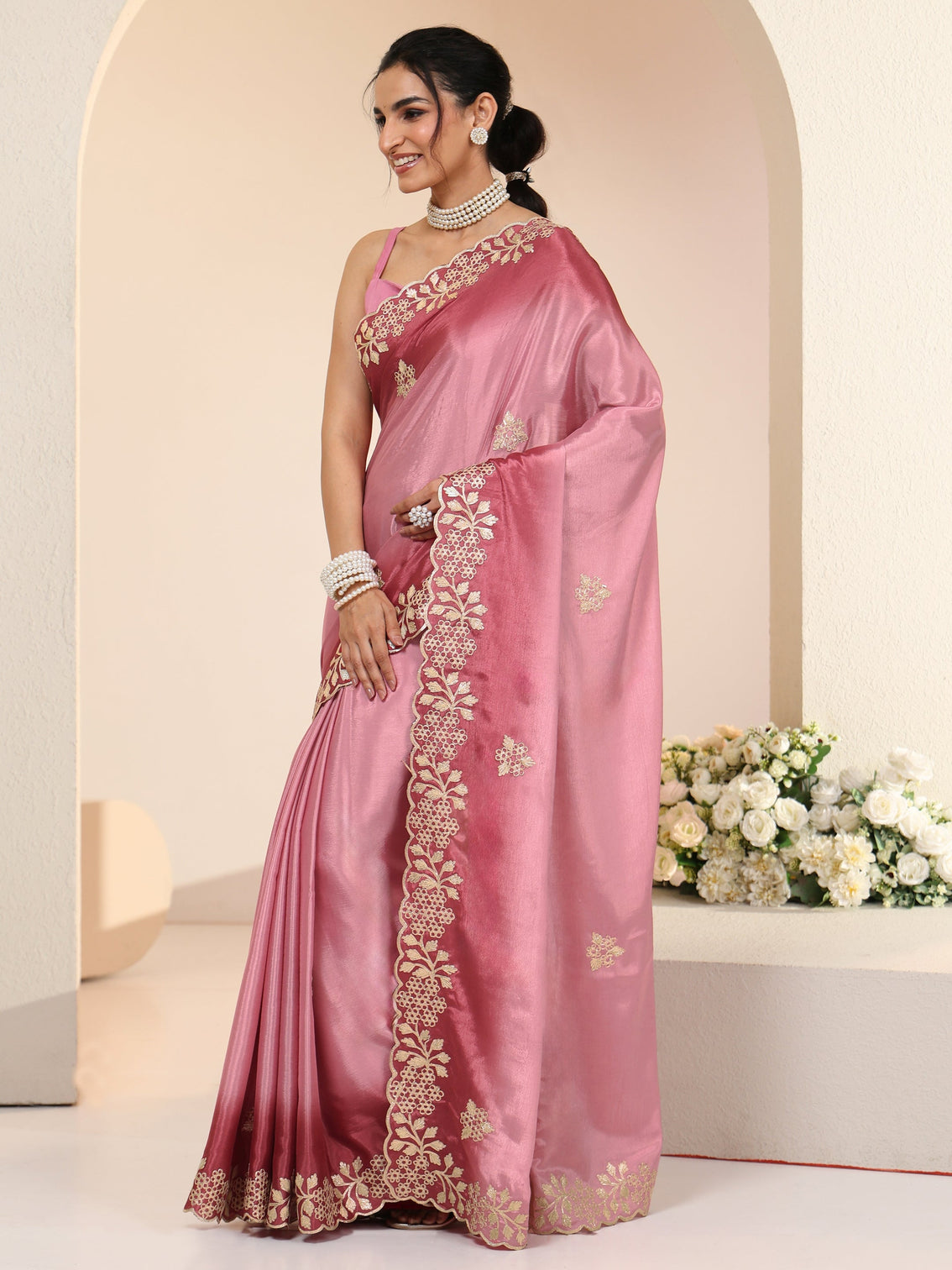 Mameraa Rose Pink Floral Embroidered Ombre Silk Blend Saree