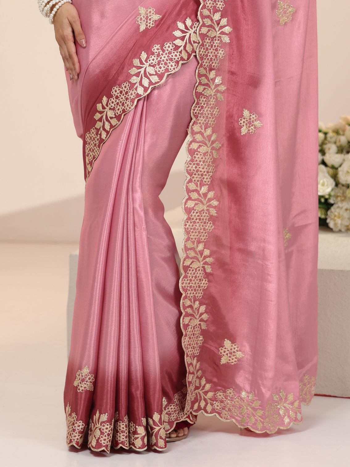 Mameraa Rose Pink Floral Embroidered Ombre Silk Blend Saree