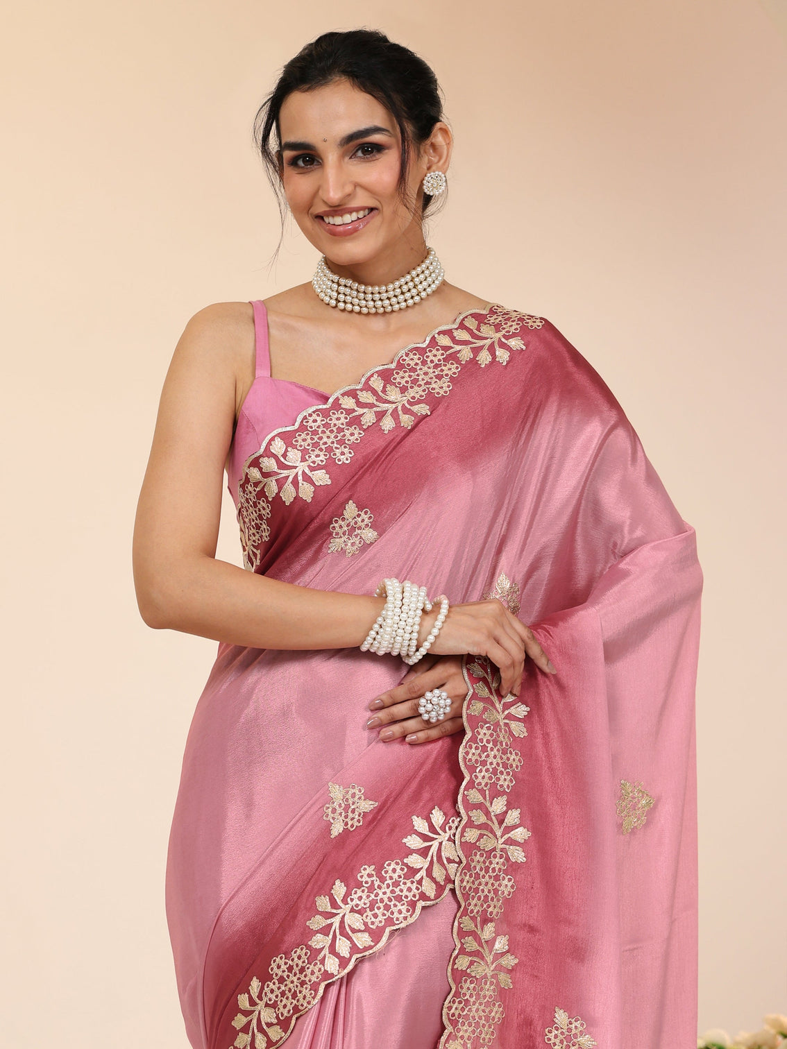 Mameraa Rose Pink Floral Embroidered Ombre Silk Blend Saree