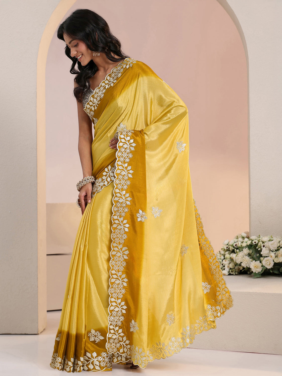 Mameraa Yellow Floral Embroidered Ombre Silk Blend Saree