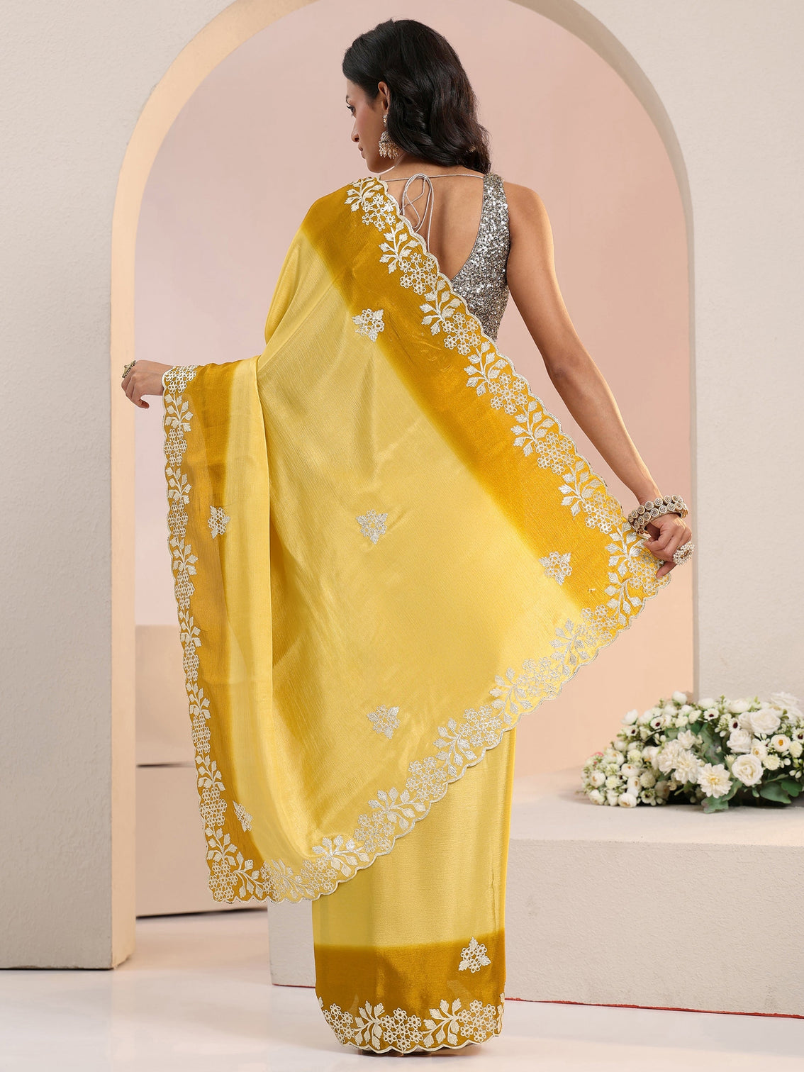 Mameraa Yellow Floral Embroidered Ombre Silk Blend Saree