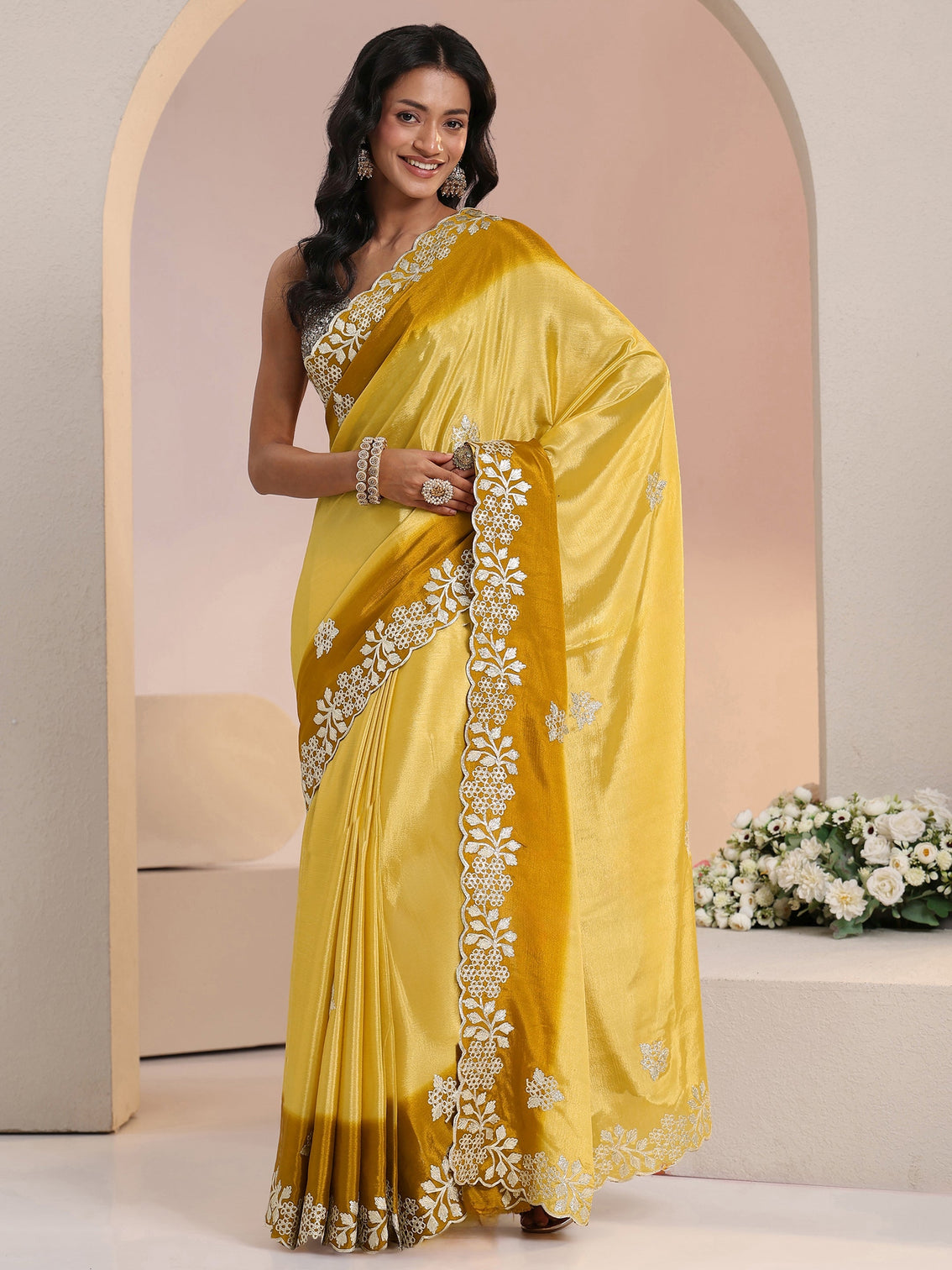 Mameraa Yellow Floral Embroidered Ombre Silk Blend Saree
