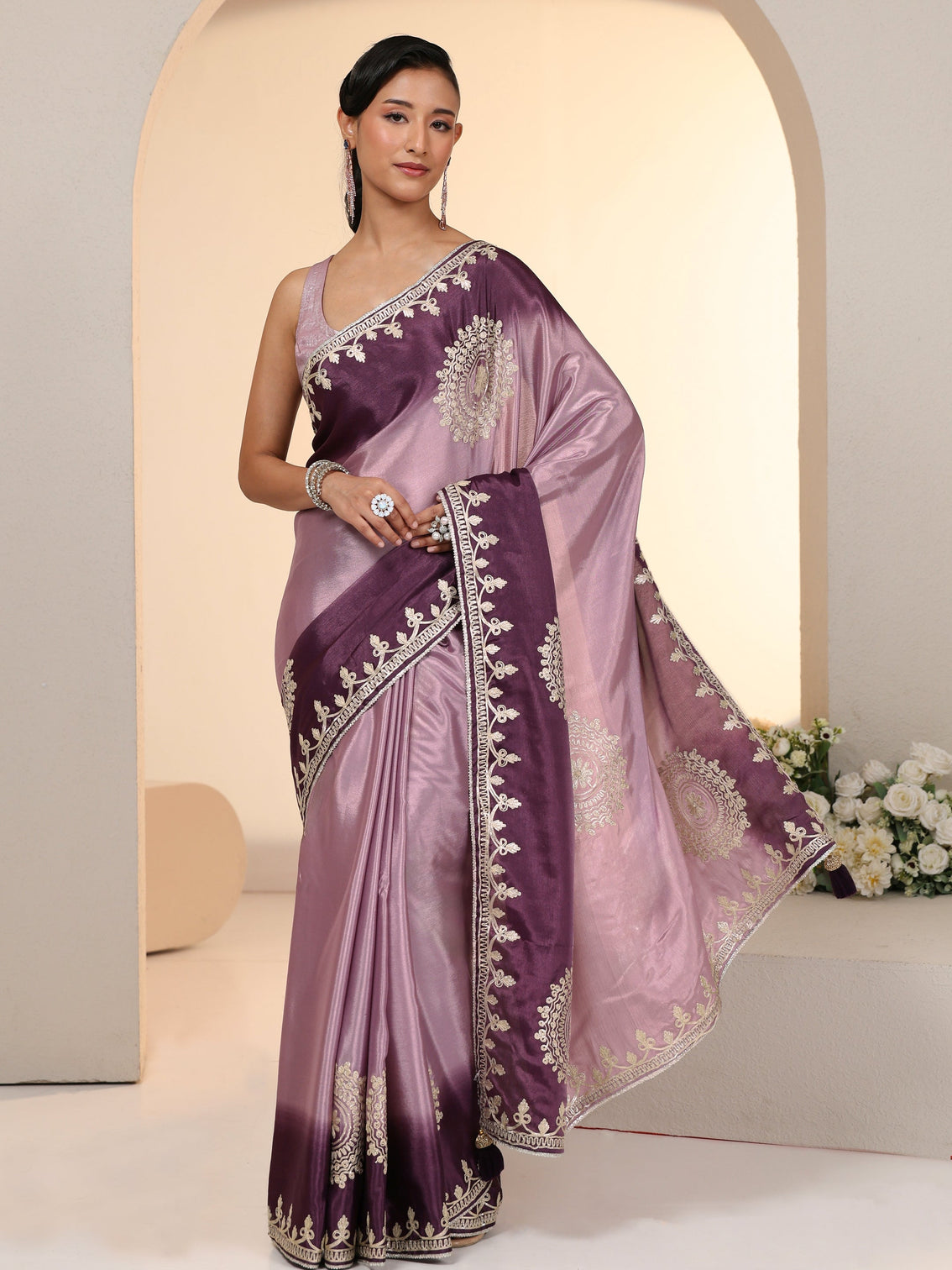 Mameraa Lavender Mandala Art Embroidered Ombre Silk Blend Saree