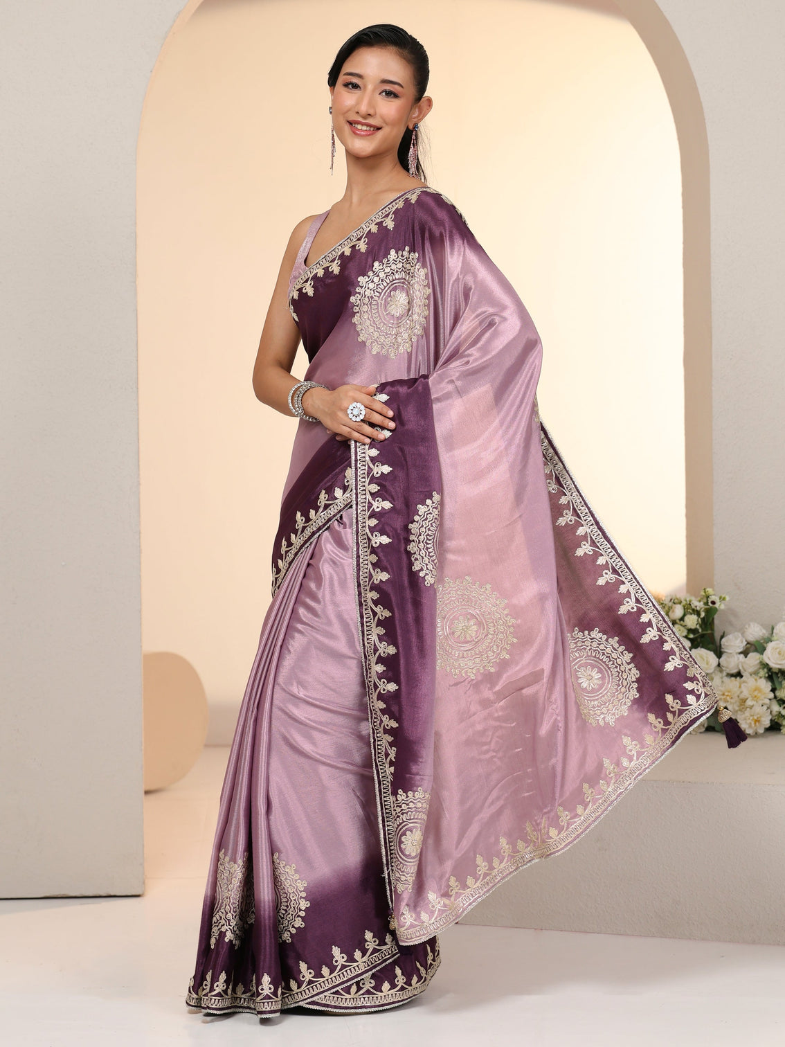 Mameraa Lavender Mandala Art Embroidered Ombre Silk Blend Saree