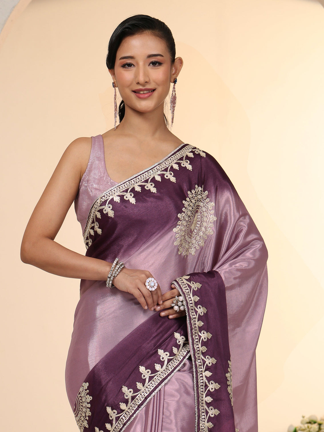 Mameraa Lavender Mandala Art Embroidered Ombre Silk Blend Saree