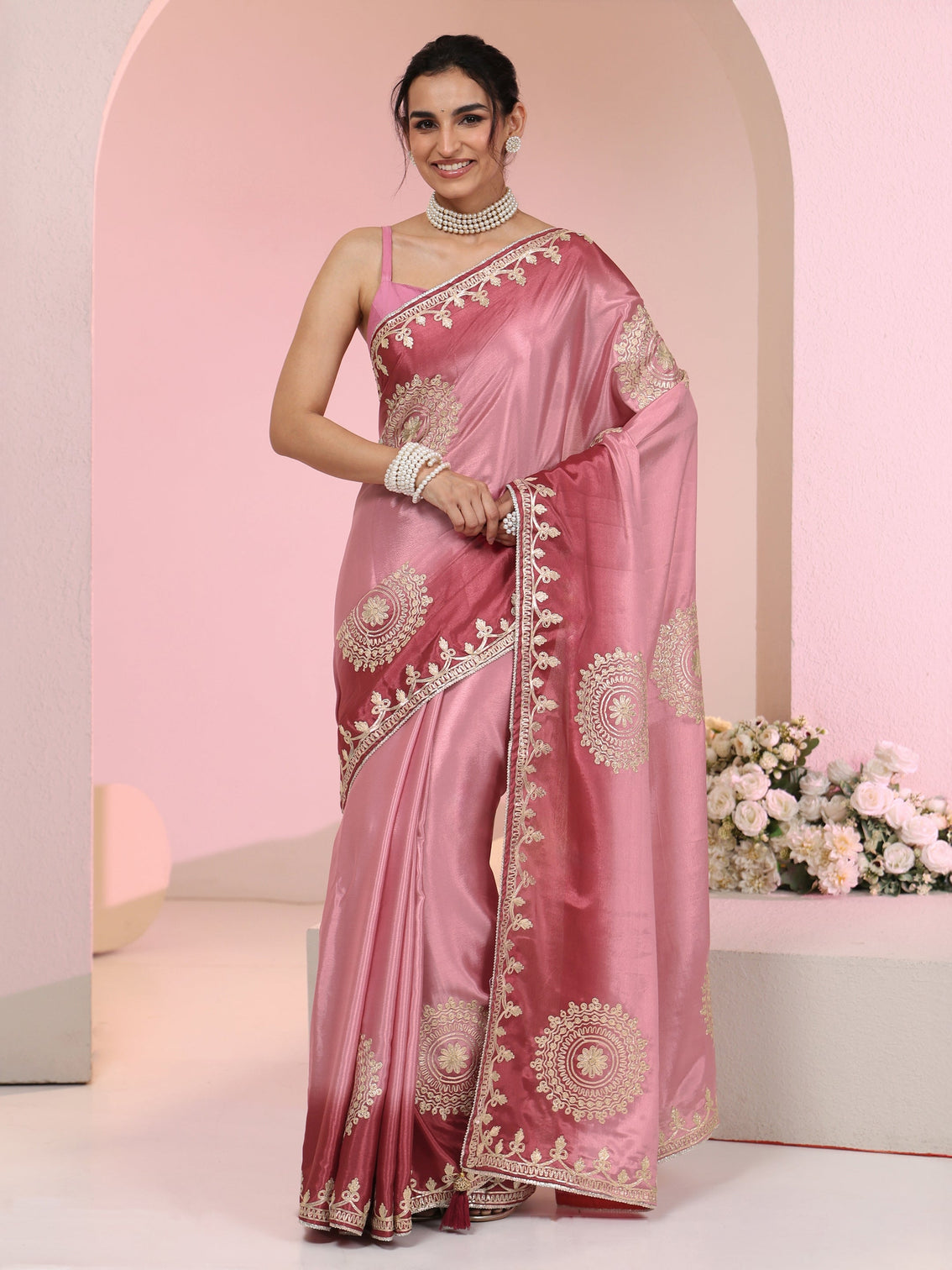 Mameraa Rose Pink Mandala Art Embroidered Ombre Silk Blend Saree