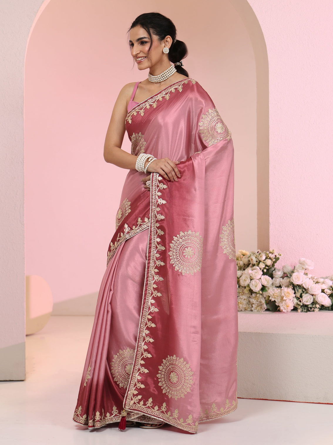 Mameraa Rose Pink Mandala Art Embroidered Ombre Silk Blend Saree