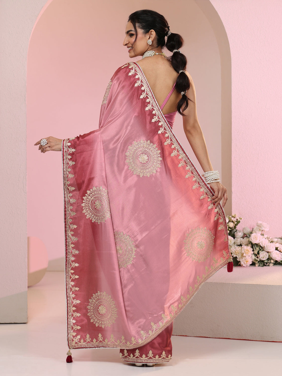 Mameraa Rose Pink Mandala Art Embroidered Ombre Silk Blend Saree