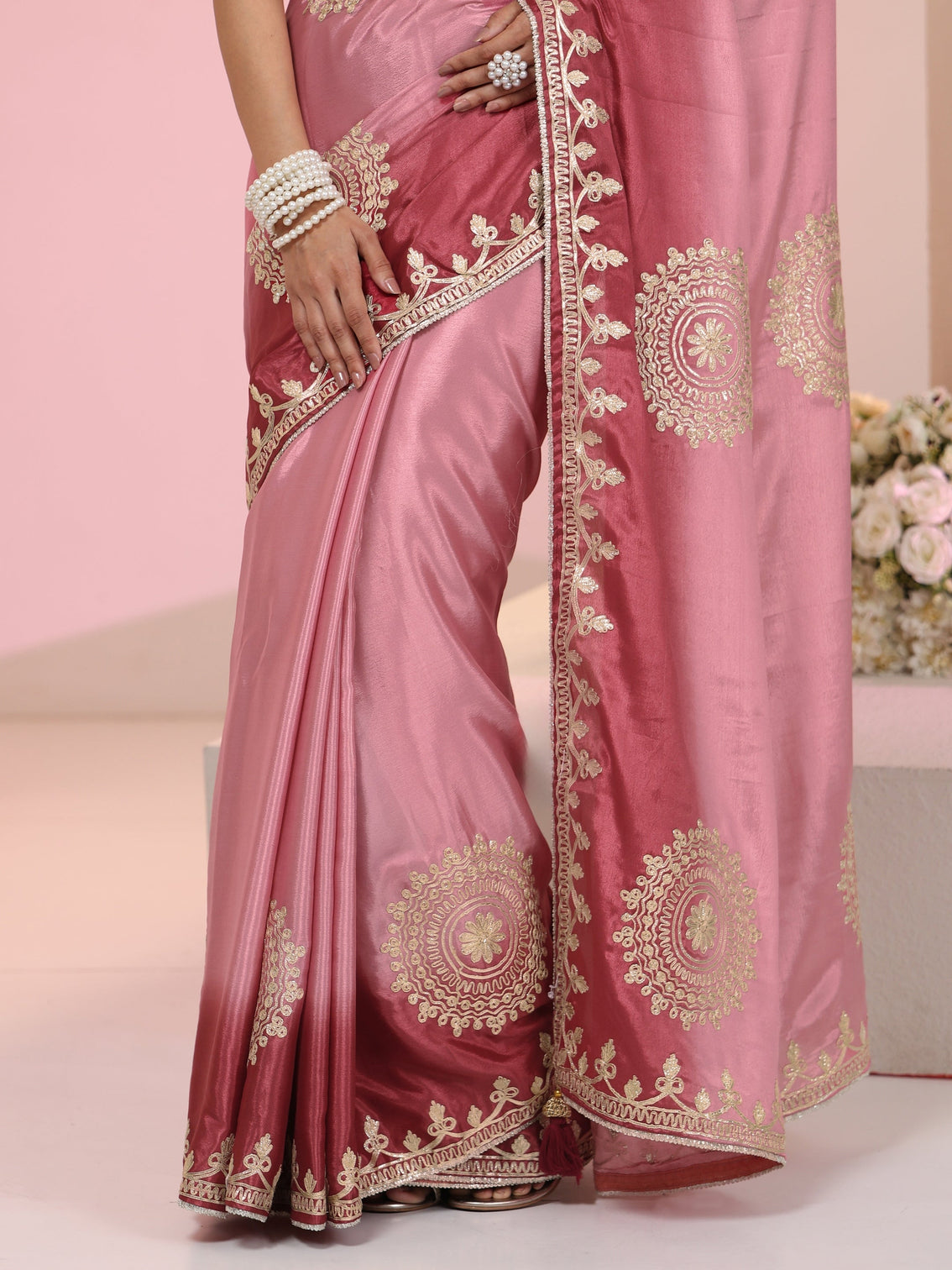 Mameraa Rose Pink Mandala Art Embroidered Ombre Silk Blend Saree