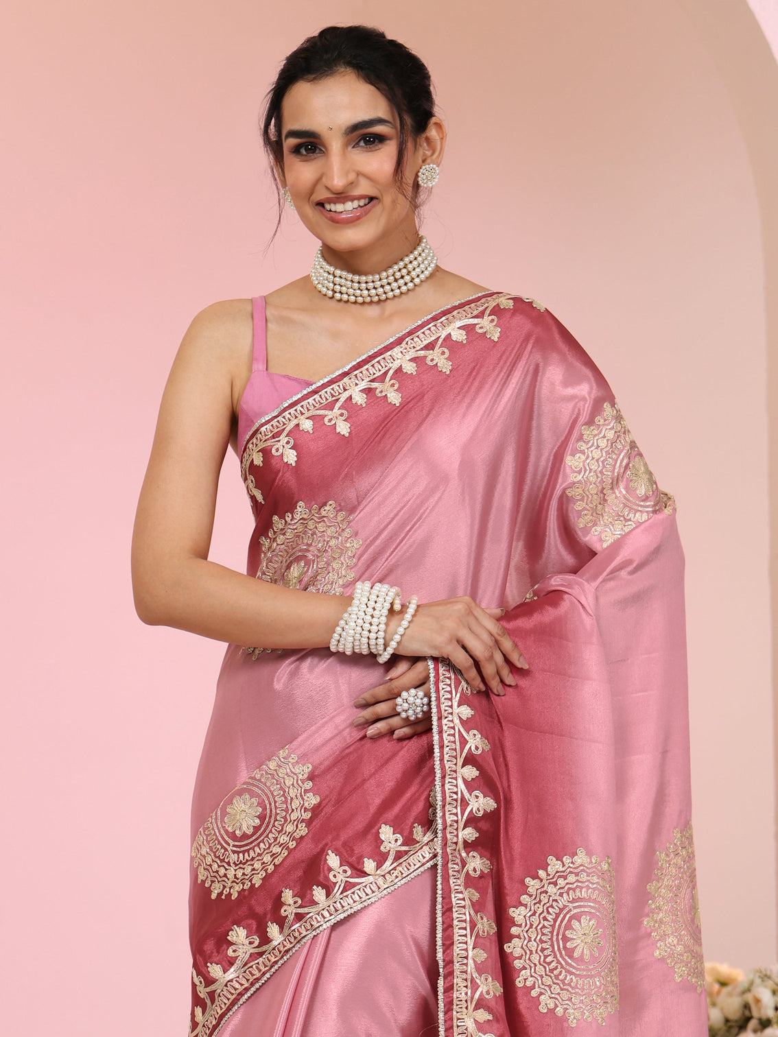 Mameraa Rose Pink Mandala Art Embroidered Ombre Silk Blend Saree