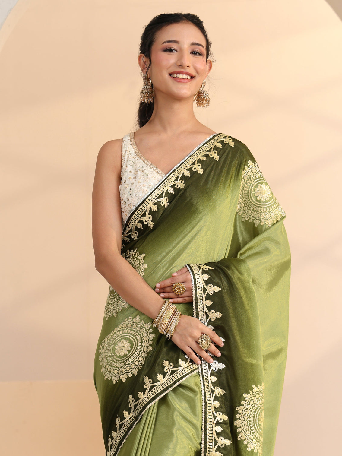 Mameraa Pista Green Mandala Art Embroidered Ombre Silk Blend Saree