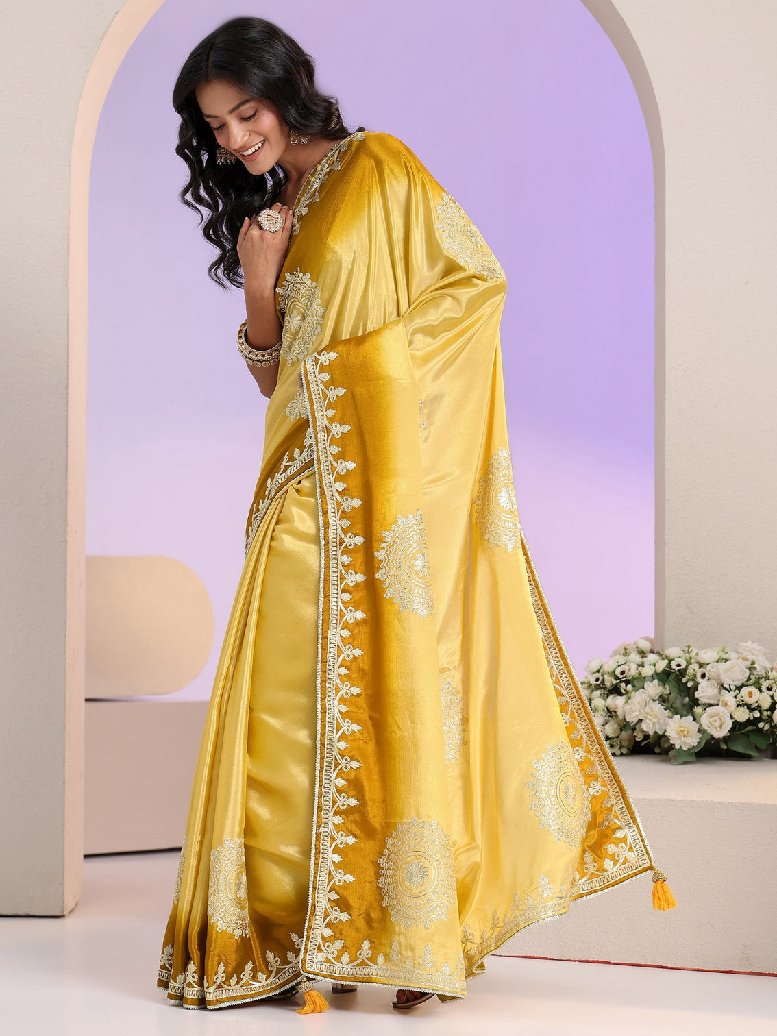 Mameraa Yellow Mandala Art Embroidered Ombre Silk Blend Saree