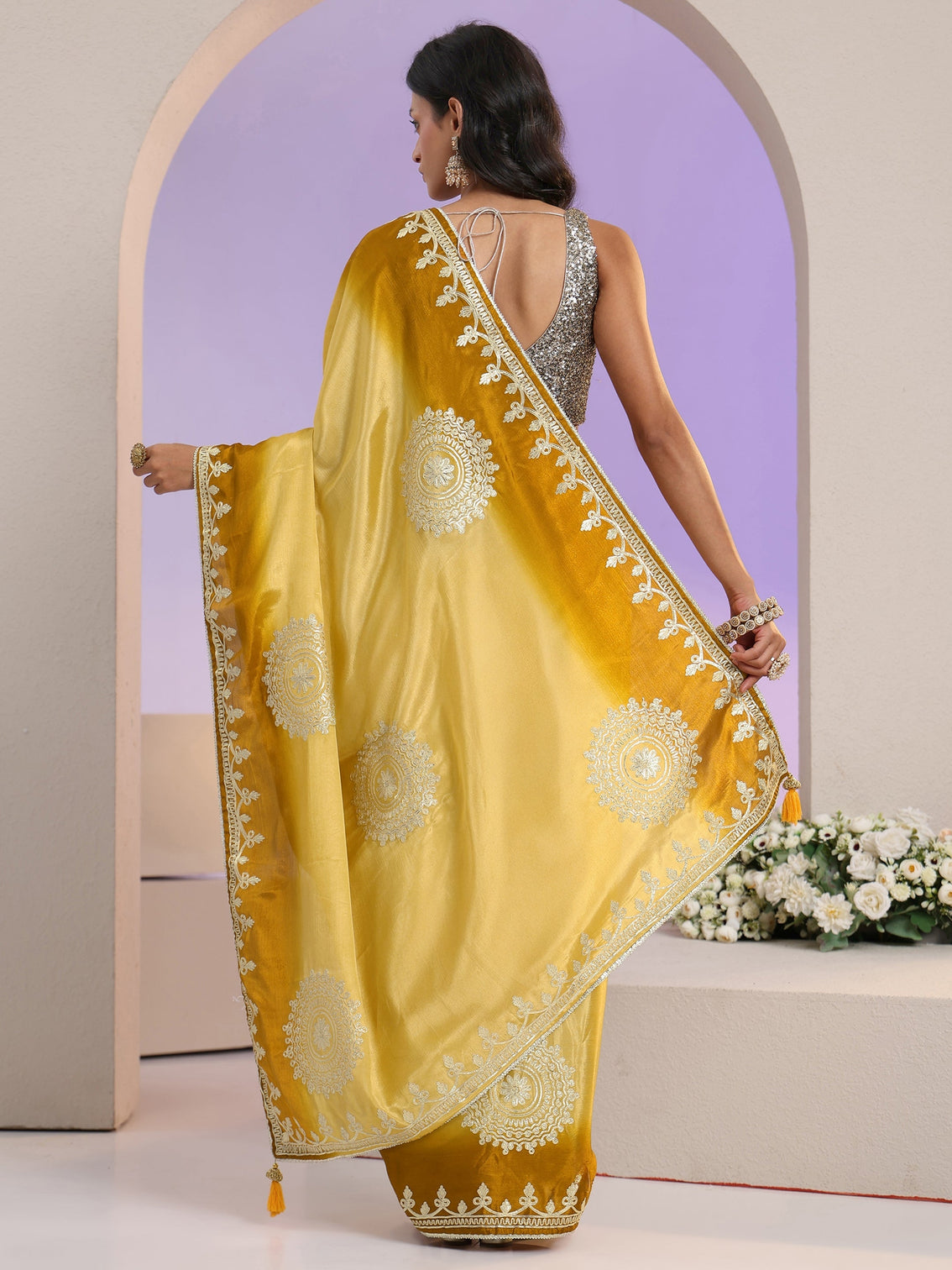 Mameraa Yellow Mandala Art Embroidered Ombre Silk Blend Saree