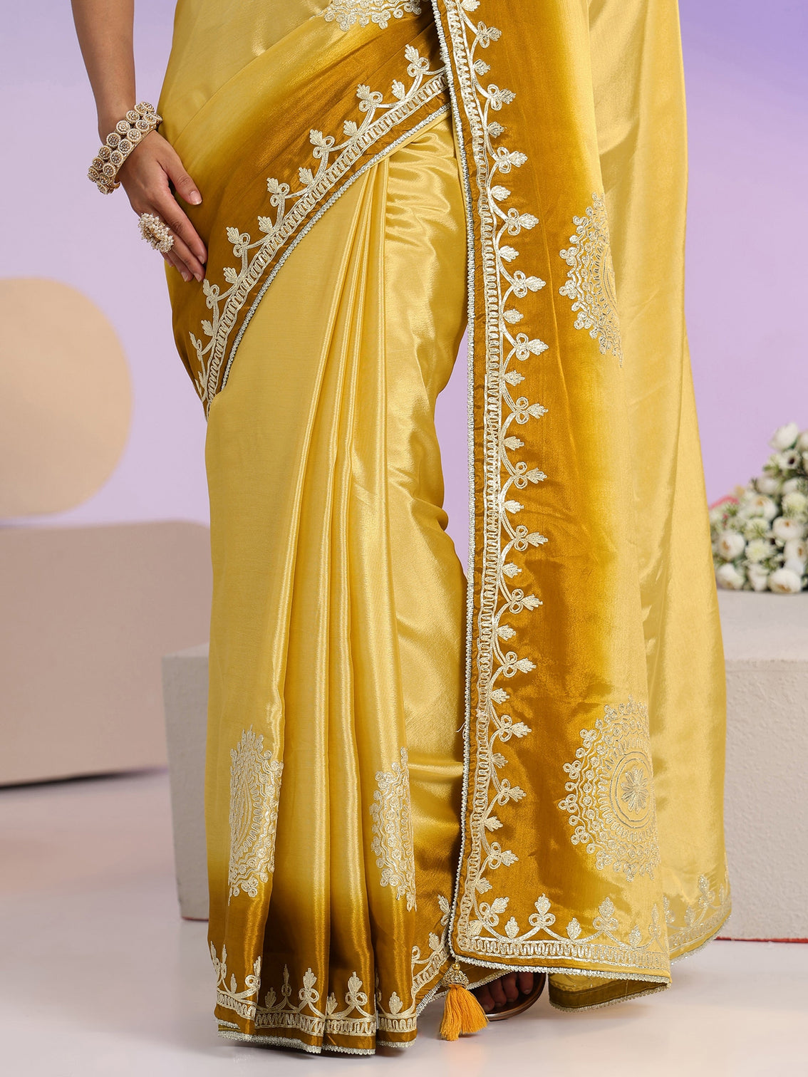 Mameraa Yellow Mandala Art Embroidered Ombre Silk Blend Saree
